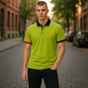 Italian XO Men’s Small Slim Lime Green Polo Shirt Navy Collar Navy Orange Bands
